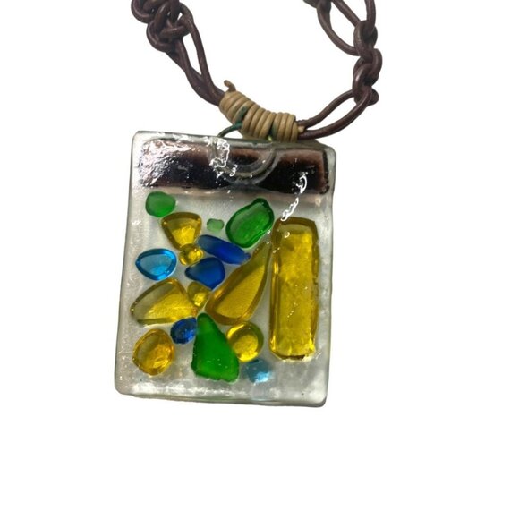 Art Glass Pendant Statement Necklace Mulitcolor 14" Toggle Clasp 2.2"h - Picture 16 of 16